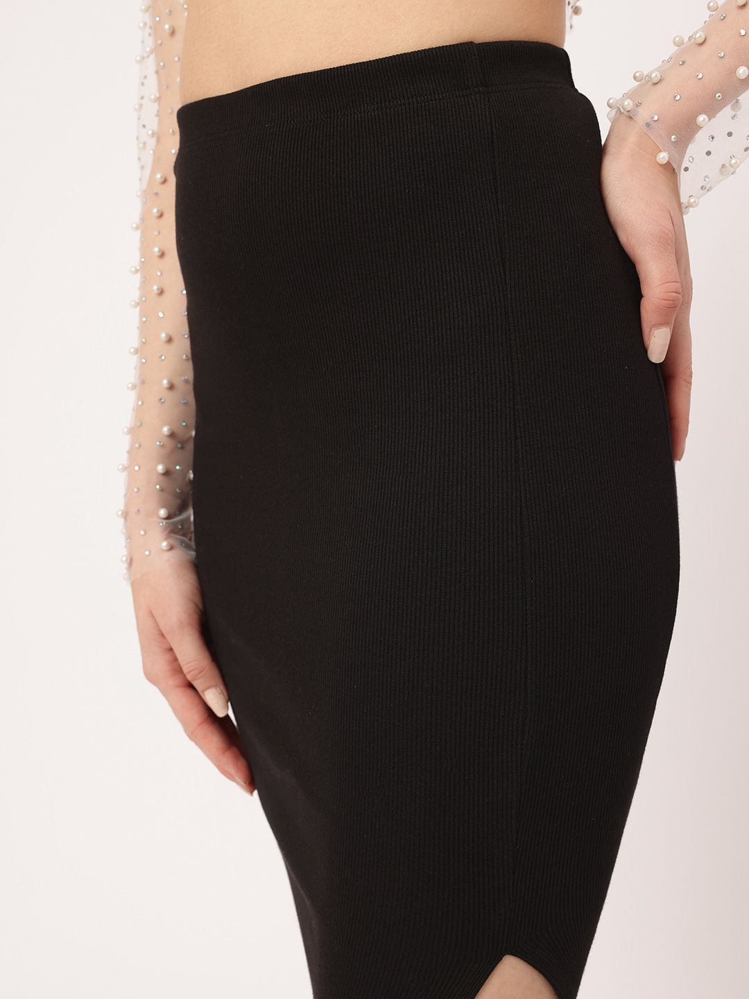 DressBerry Minimalist Marvel Ribbed Midi Skirt with Slit