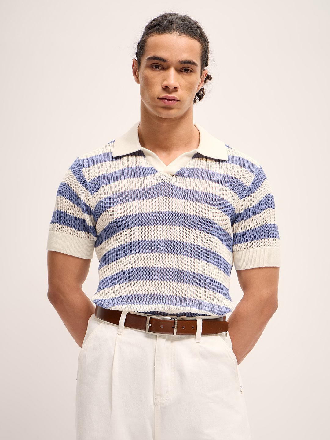 THE BEAR HOUSE Self Design Striped Relaxed Fit Polo Collar T-Shirt