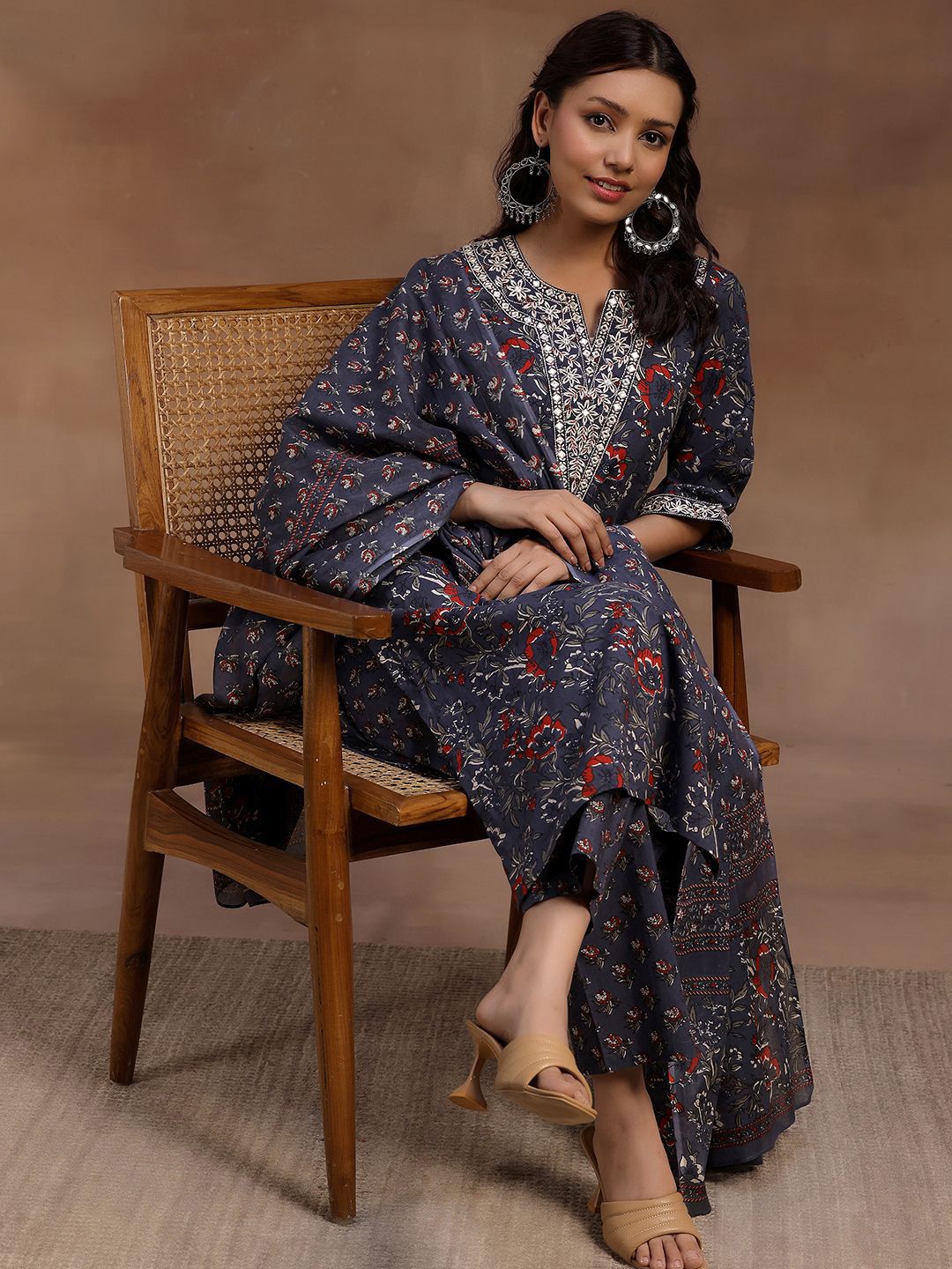 Libas Floral Printed Pure Cotton Straight Kurta With Trouser & Dupatta