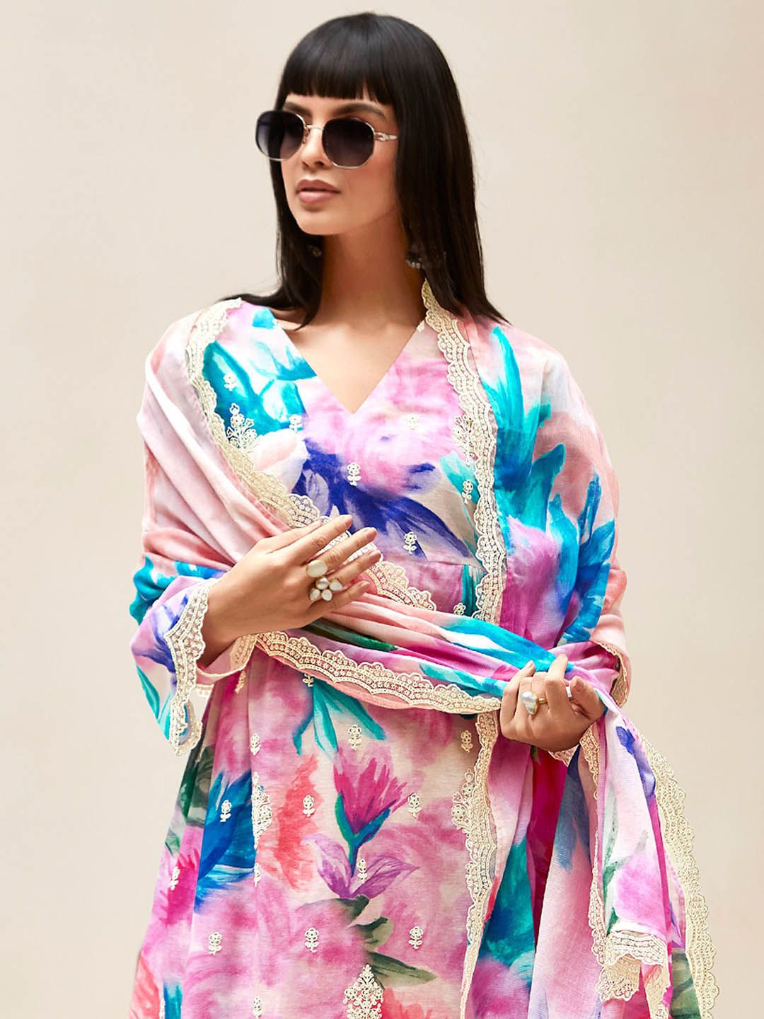 Indo Era Women Floral Embroidered Regular Thread Work Kurta with Trousers & With Dupatta