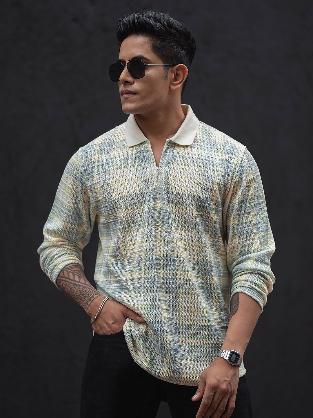 Powerlook Men Checked Polo Collar T-shirt