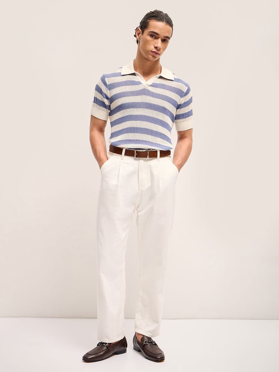 THE BEAR HOUSE Self Design Striped Relaxed Fit Polo Collar T-Shirt