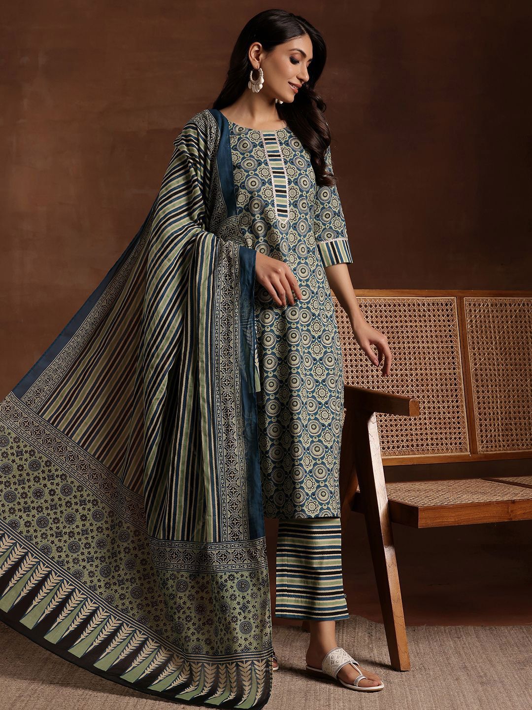 Libas Ethnic Motifs Printed Gotta Patti Pure Cotton Kurta with Trousers & Dupatta