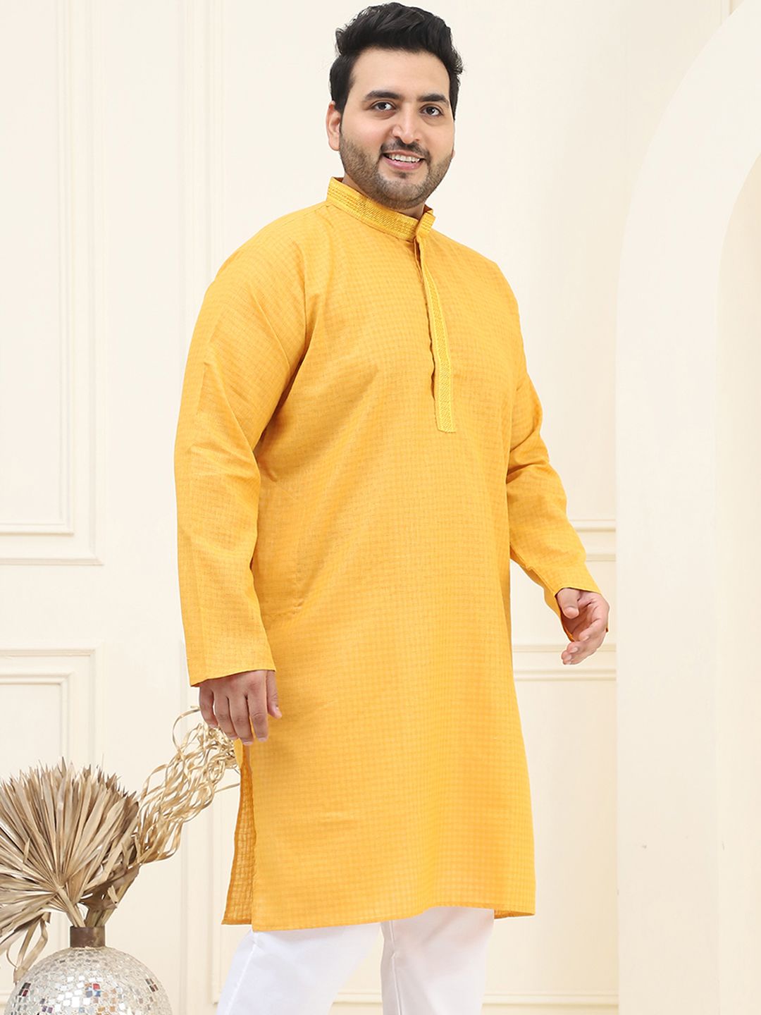 SOJANYA PLUS Kurta Kapas Lurus Rekaan Tenunan Berkolar Mandarin