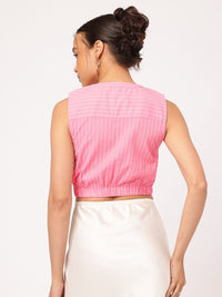 DressBerry Flamingo Flair Striped Cotton Linen Blouson Crop Top