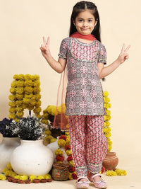 Cutiekins Girls Ethnic Motifs Printed Puffed Sleeves Straight Kurta with Salwar & Dupatta