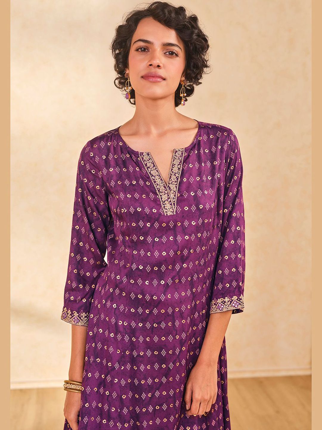 Global Desi Bandhani Woven Design Notched Neck A-Line Kurta