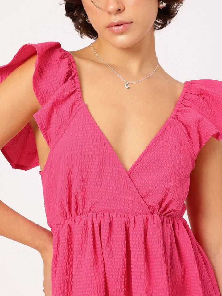 DressBerry BarbieCore Chic Seersucker Cut Out Detail Mini Dress