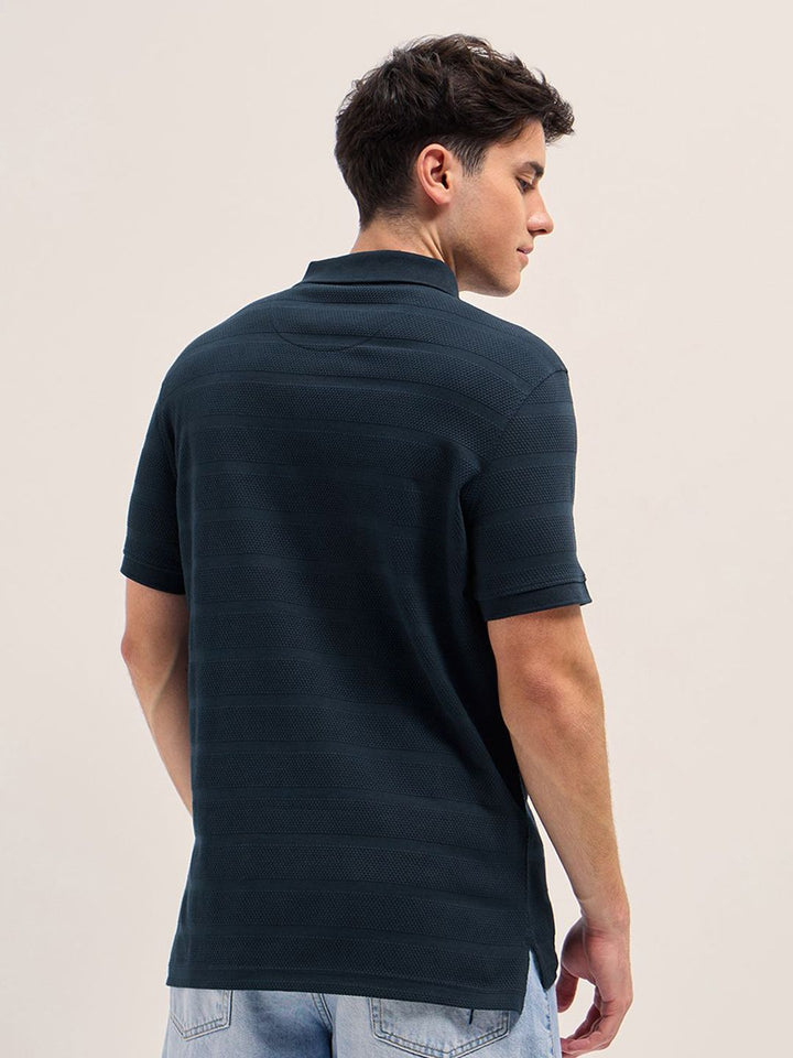 THE BEAR HOUSE Men Self Design Polo Collar Cotton T-shirt