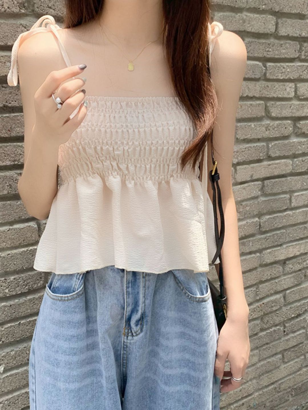 DressBerry Shoulder Straps Smocking Peplum Top