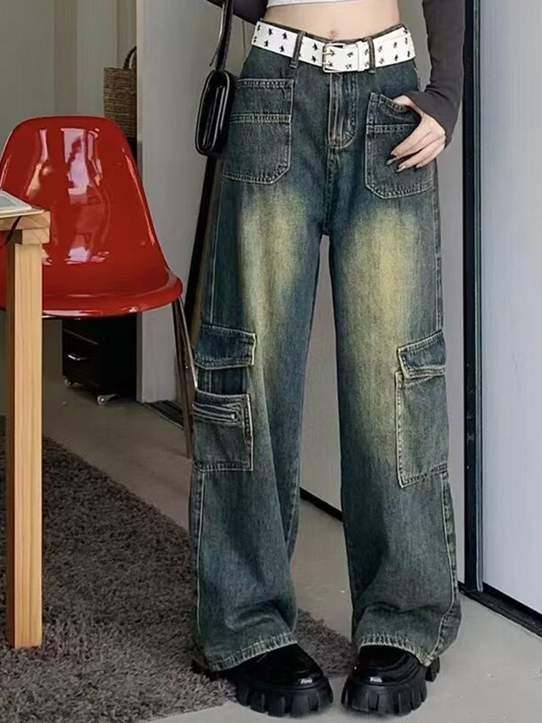 DressBerry Women Wide Leg High-Rise Light Fade Cotton Jeans