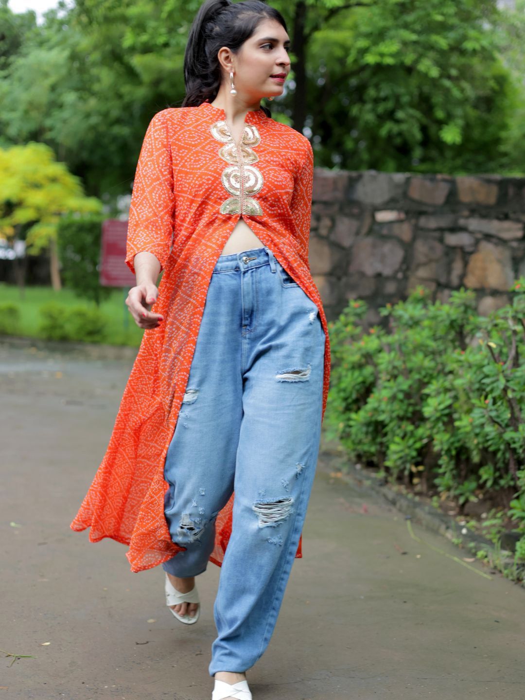 KALINI Georgette Mandarin Collar Bandhani Printed Embroidery A Line Kurta