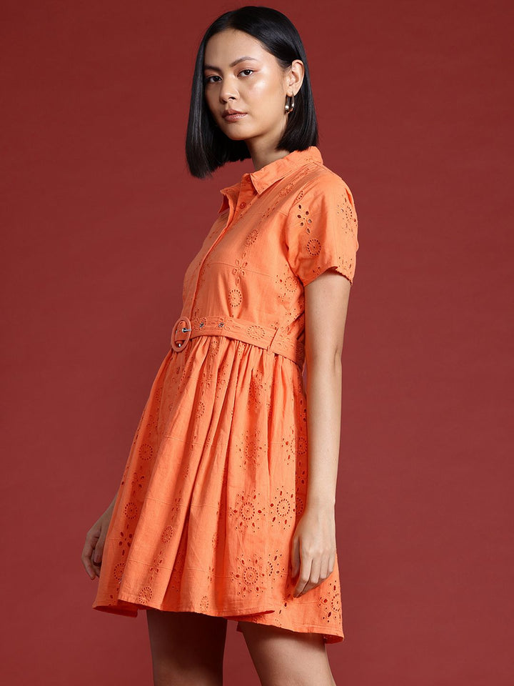 all about you Schiffli Pure Cotton A-Line Dress with Belt
