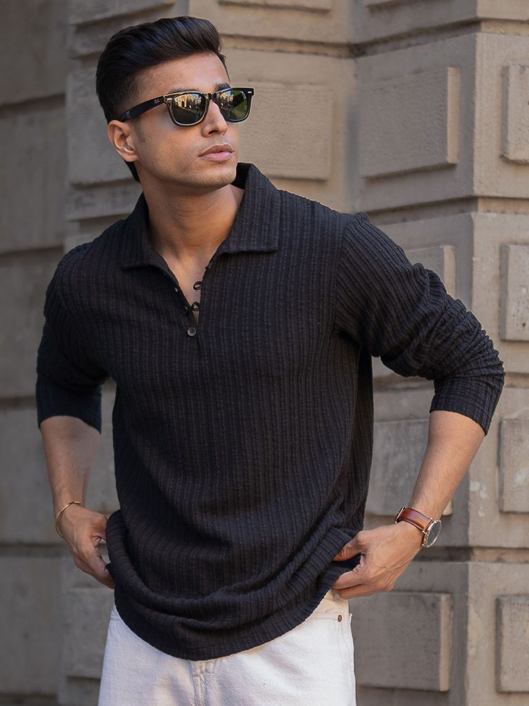 Powerlook Men Self Design Polo Collar T-shirt