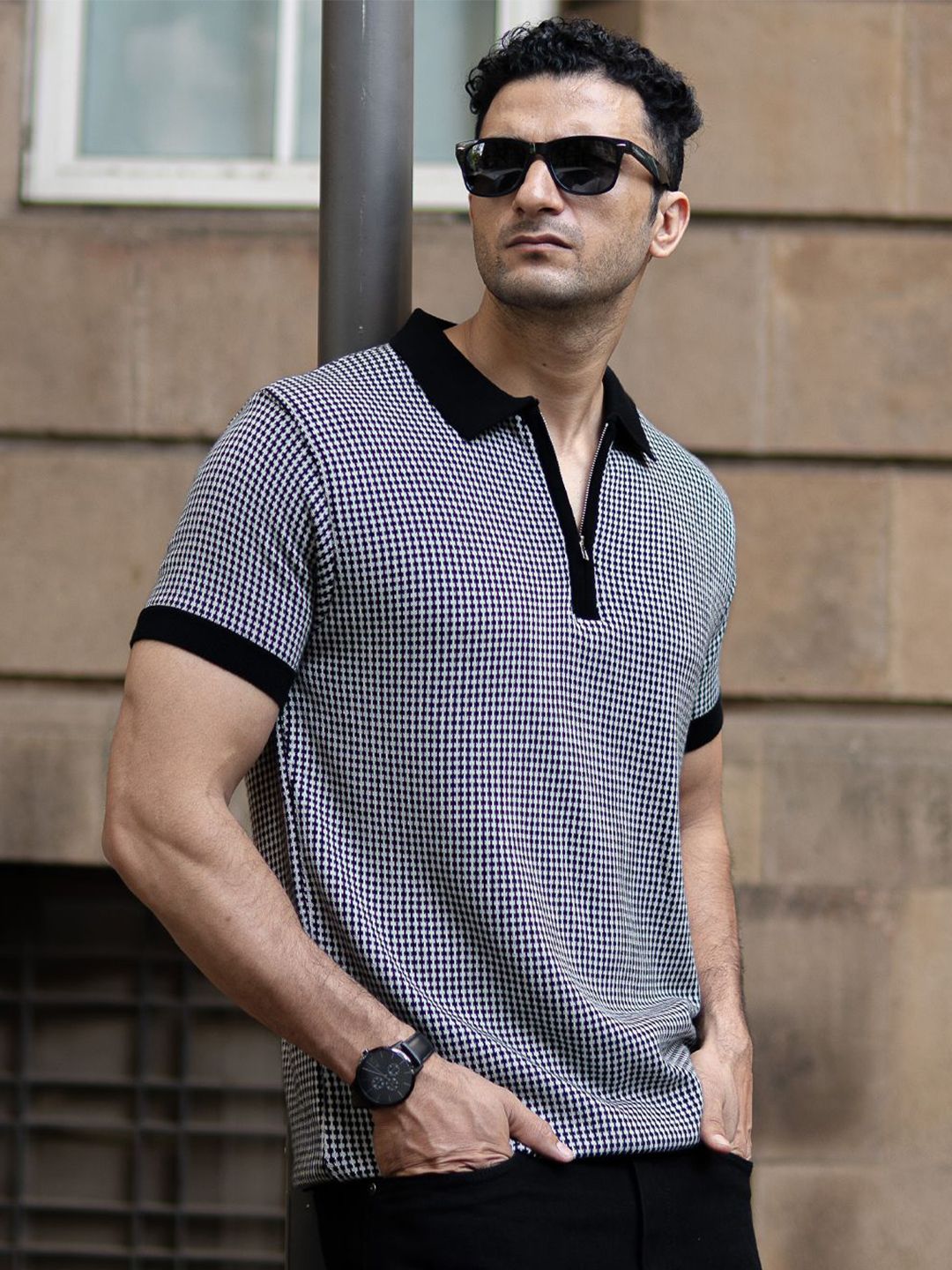 Powerlook Pure Cotton Checked Polo Collar T-shirt