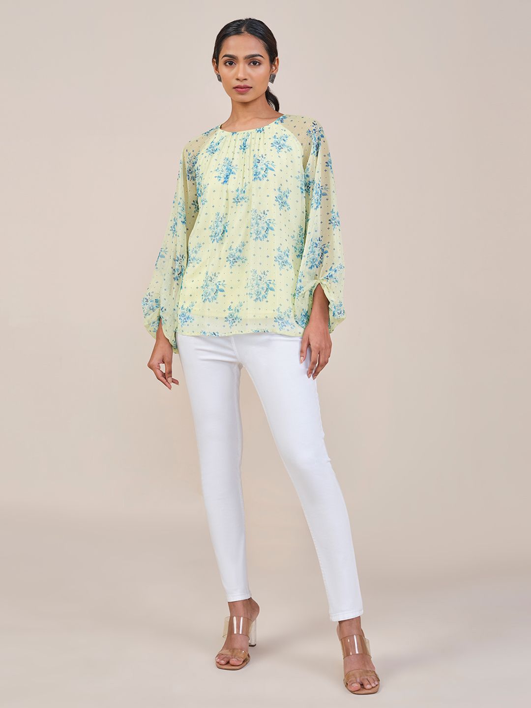 Global Desi Floral Printed Round Neck Blouson Top