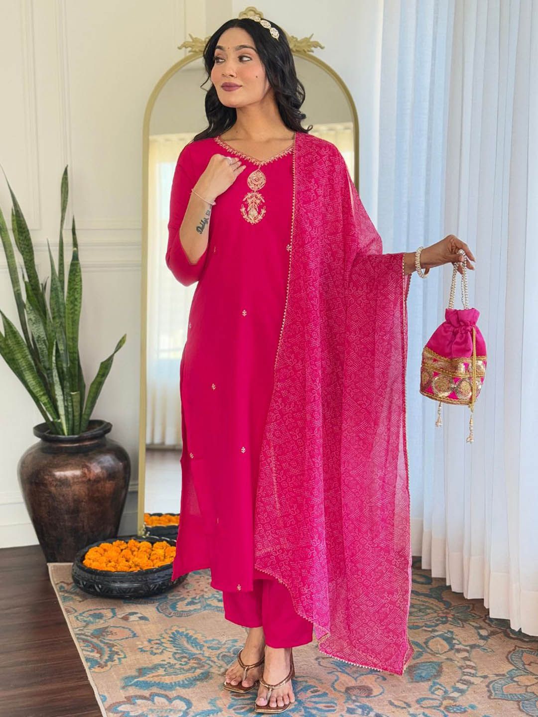 KALINI Zari V-Neck Straight Kurta With Trousers And Dupatta