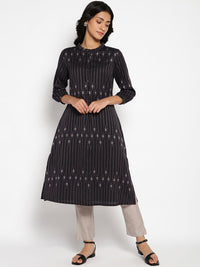 W Striped Mandarin Collar Thread Work Cotton A-Line Kurta