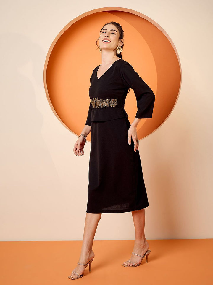 Antheaa woven Sequined Embellished V-neck Peplum  Dress