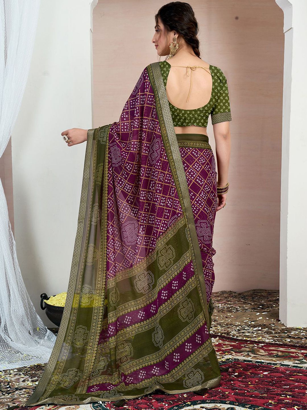 KALINI Bandhani Zari Pure Chiffon Bandhani Saree