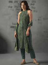 Anouk Blue Floral Printed Halter Neck Straight Kurta with Trousers & Dupatta