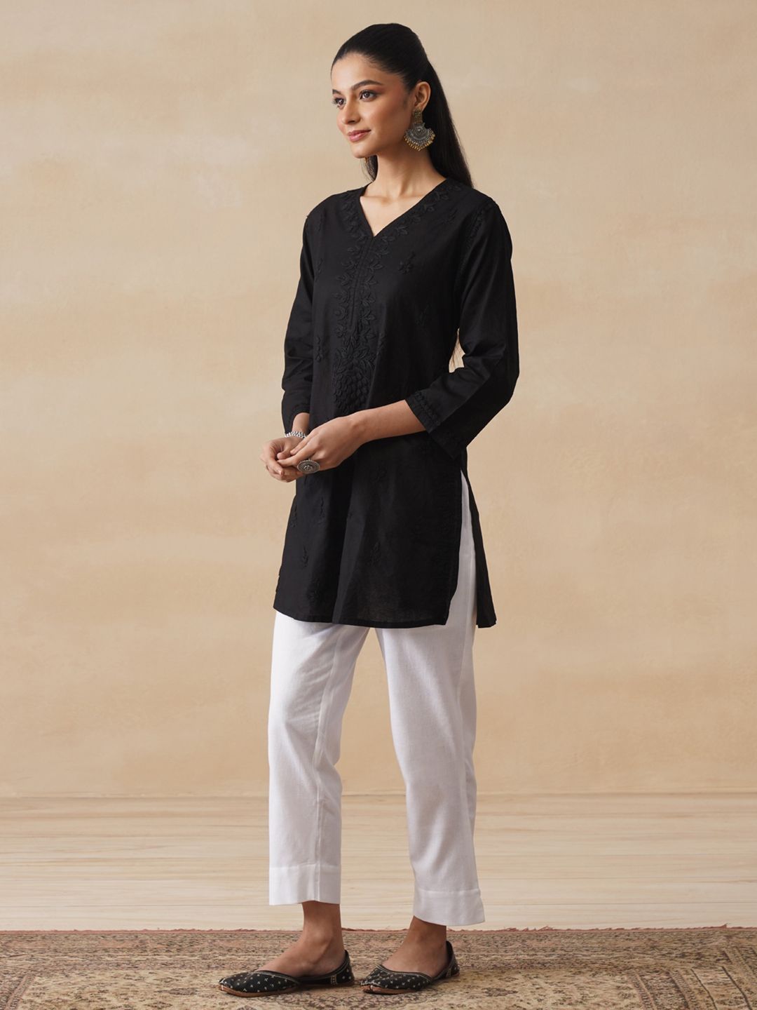 Rumah Chikankari Wanita Kapas Hitam Chikankari Sulam Kurti
