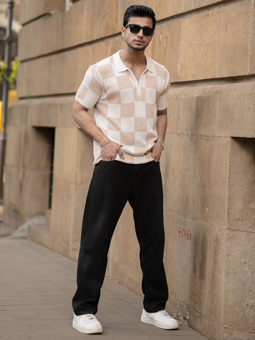 Powerlook Checked Jacquard Contrast Polo Collar Pure Cotton T-shirt