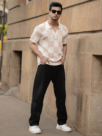 Powerlook Checked Jacquard Contrast Polo Collar Pure Cotton T-shirt