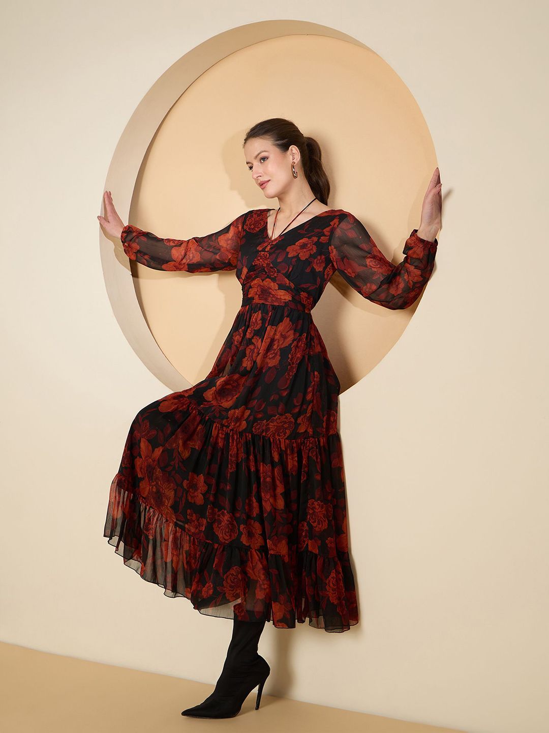 Antheaa Floral Print Chiffon Fit & Flare Tiered Maxi Dress