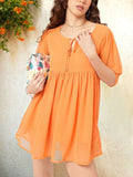 DressBerry Chic & Cheery Tie-Up Neck Puff Sleeves A-Line Mini Dress
