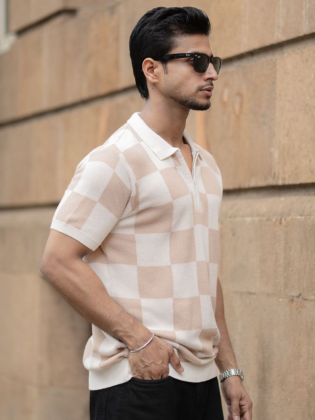 Powerlook Checked Jacquard Contrast Polo Collar Pure Cotton T-shirt