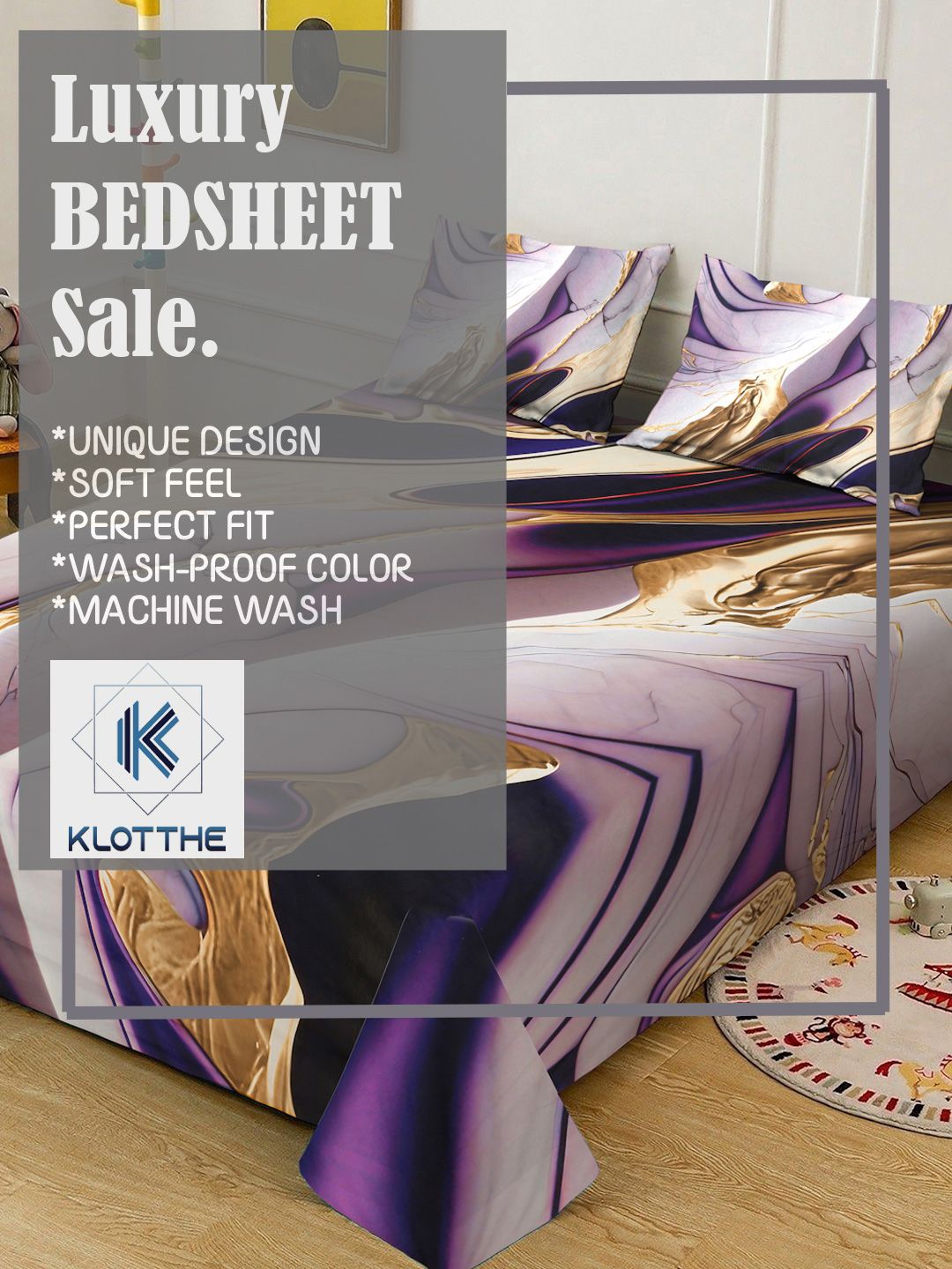 KLOTTHE Purple Abstract Printed Flat 300 TC King Bedsheet With 2 Pillow Cover