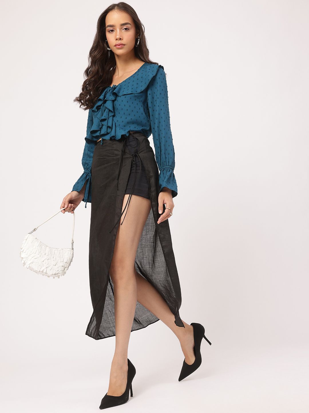 DressBerry Moonlight Muses Ruffled Dobby Weave Crop Top