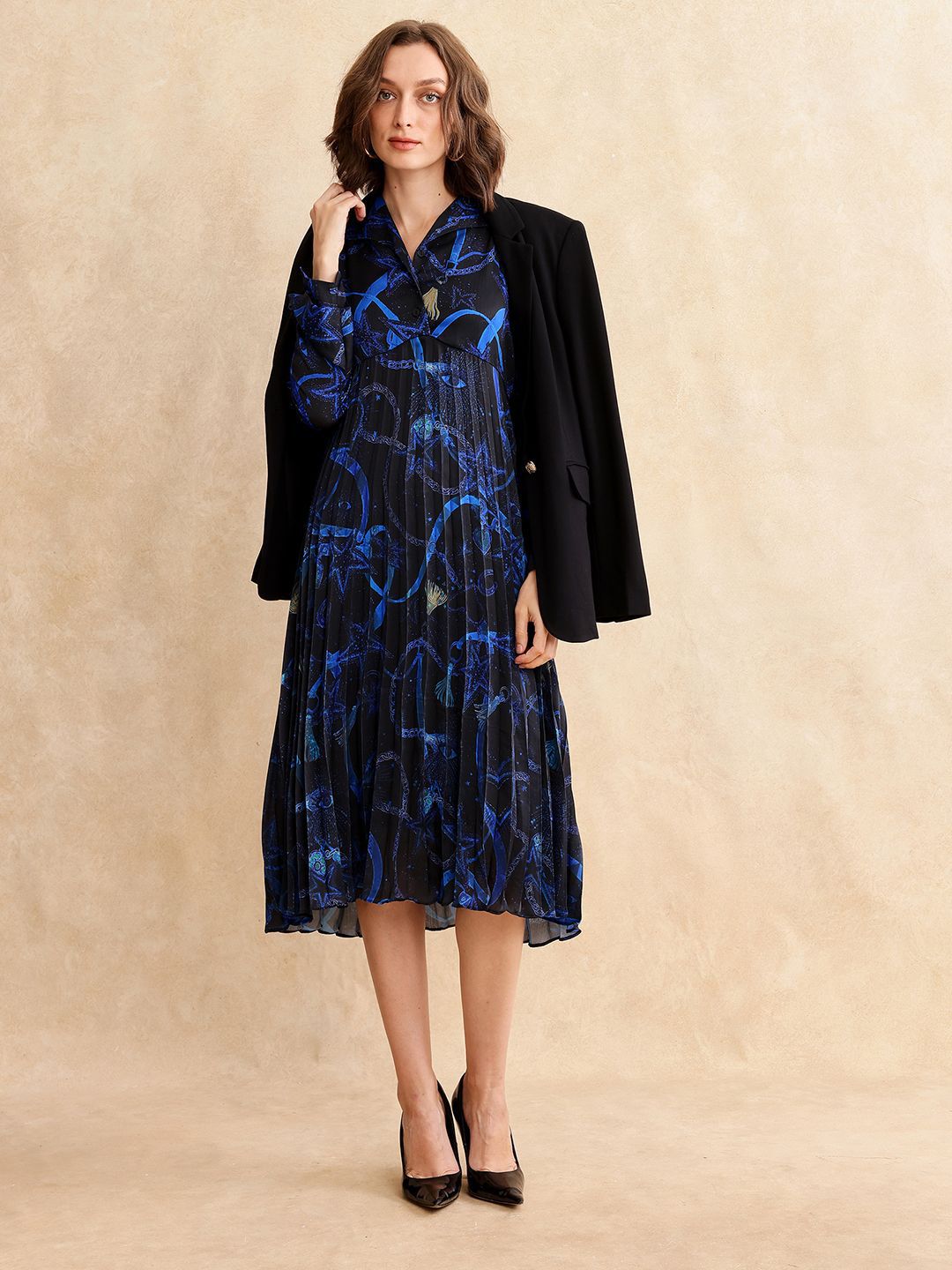 RAREISM Women Printed Shirt Collar Fit & Flare Pleated Midi Dress