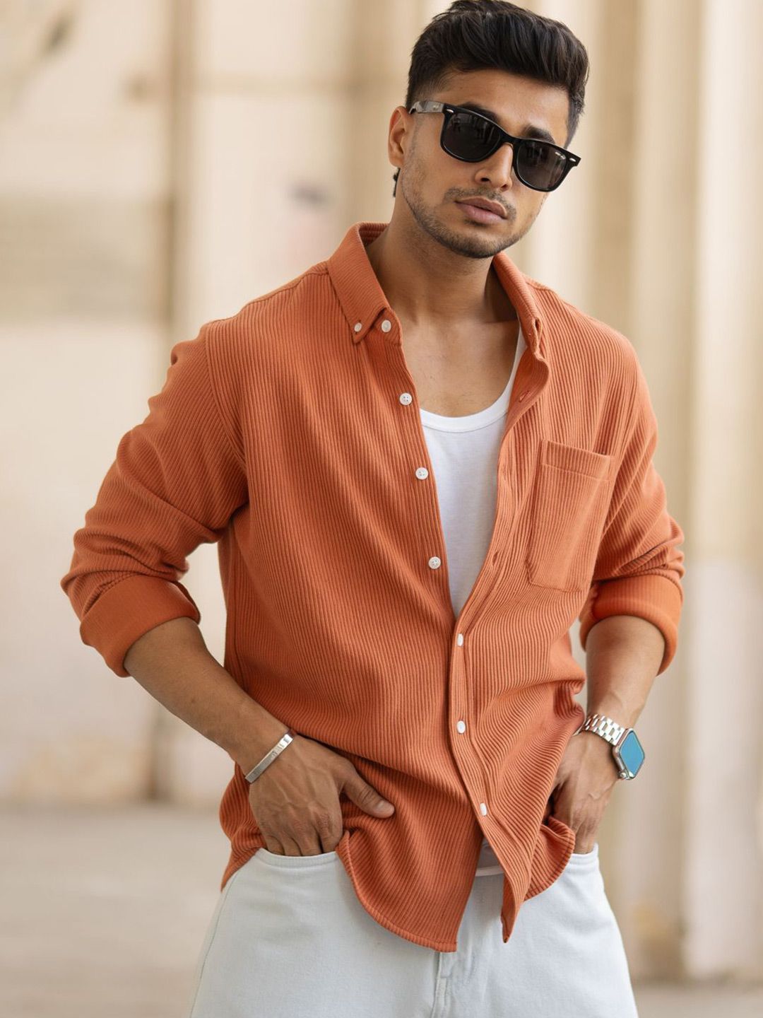 Powerlook Men Spread Collar Relaxed Fit Textured Cotton Casual Shirt