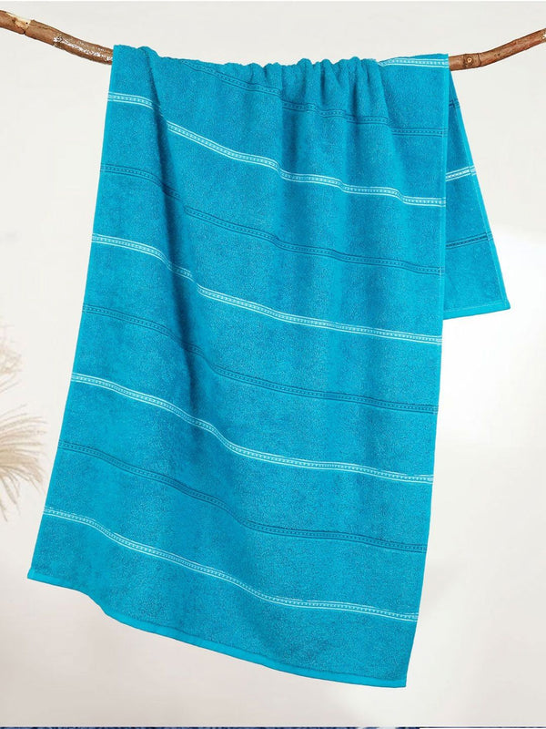 MYTRIDENT Teal & White Striped Cotton 450 GSM Bath Towel