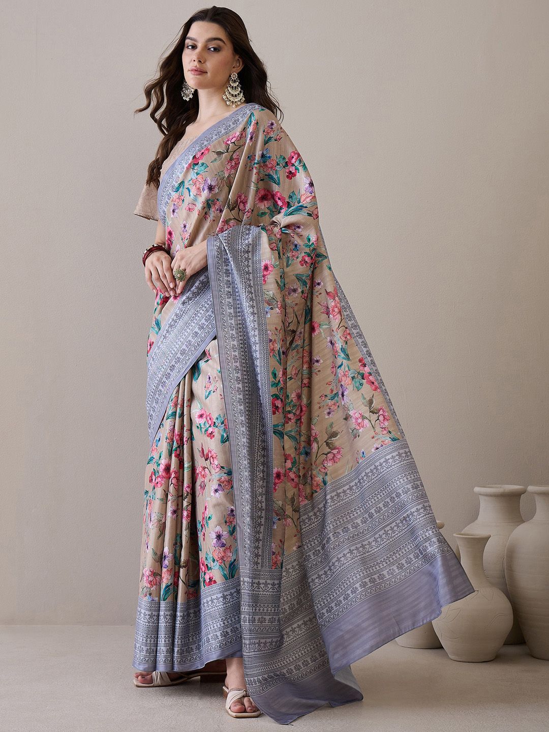 Saree mall Floral Silk Blend Bagru Sarees