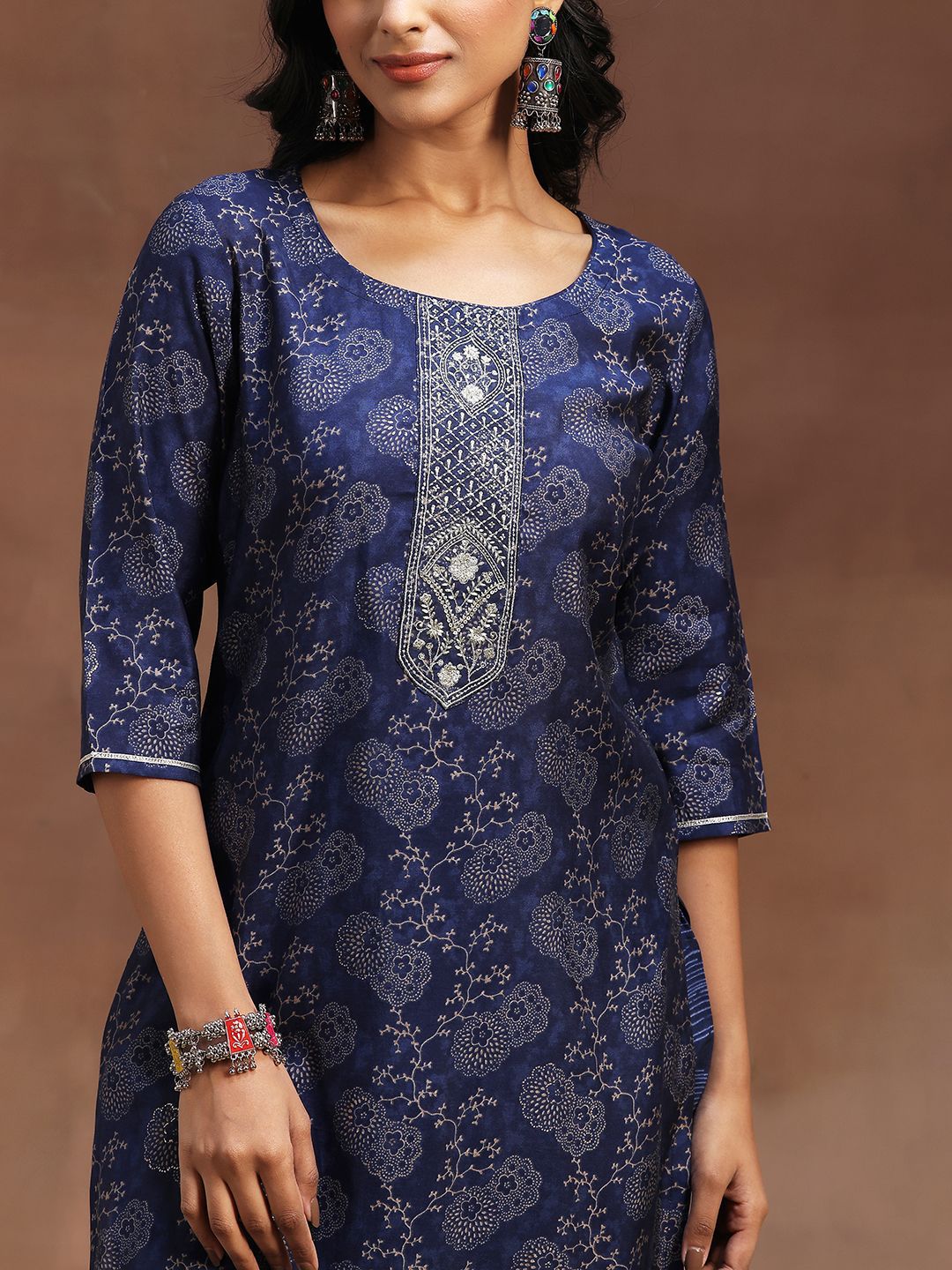 Libas Blue Floral embroidered Zari Kurta With Trousers & Dupatta