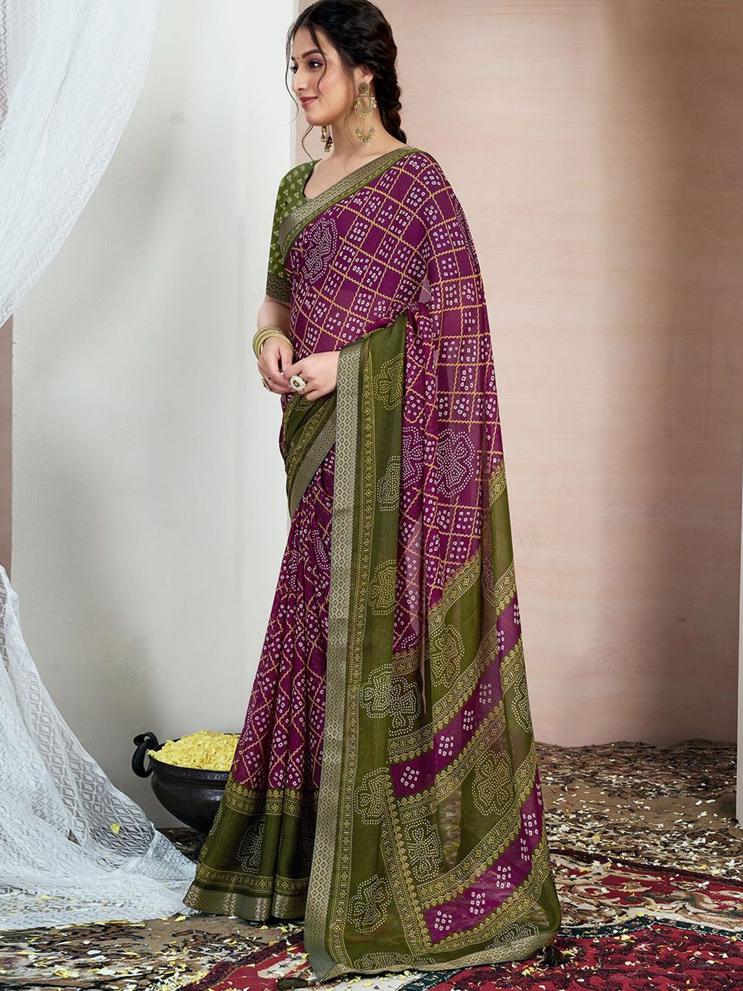 KALINI Bandhani Zari Pure Chiffon Bandhani Saree