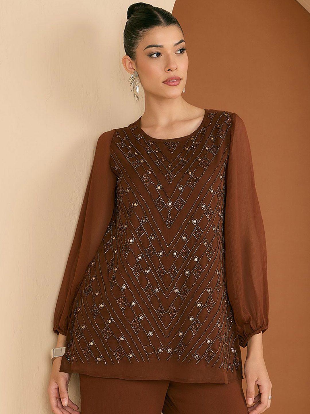 Antheaa Embellished Round Neck Top & Trousers Co-Ords