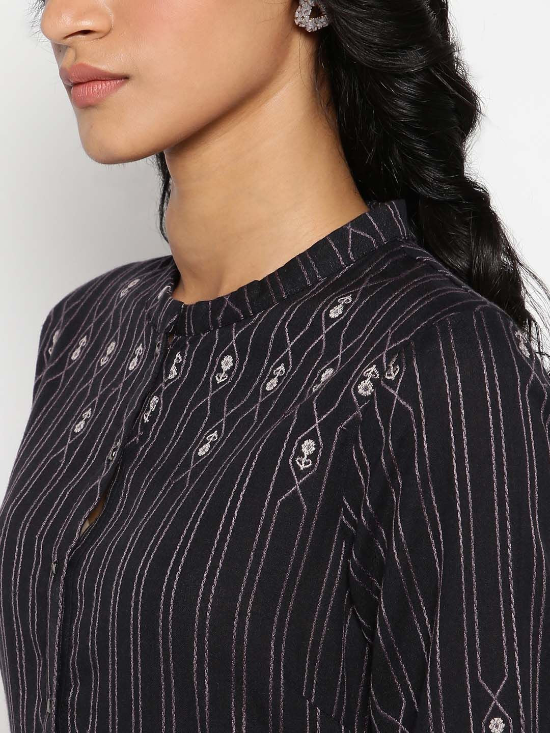 W Striped Mandarin Collar Thread Work Cotton A-Line Kurta