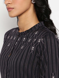 W Striped Mandarin Collar Thread Work Cotton A-Line Kurta