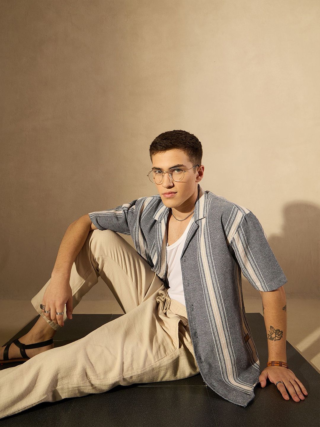 DENNISON Men Aspect Striped Oversized Cotton Shirt