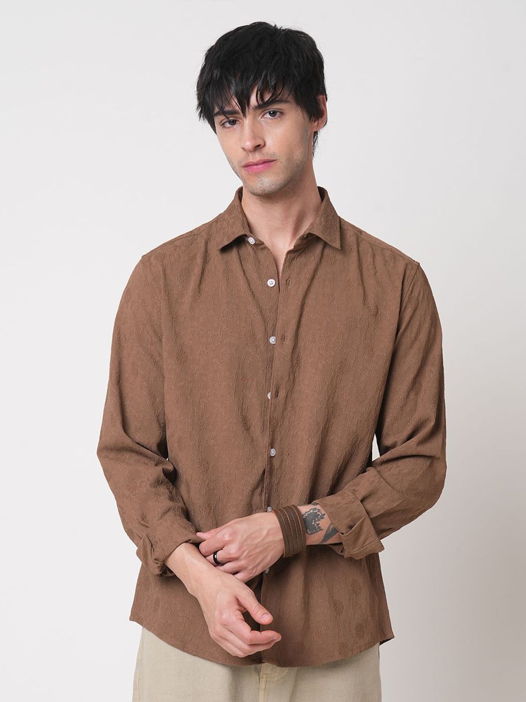 VASTRADO Men Classic Spread Collar Textured Slim Fit Casual Shirt