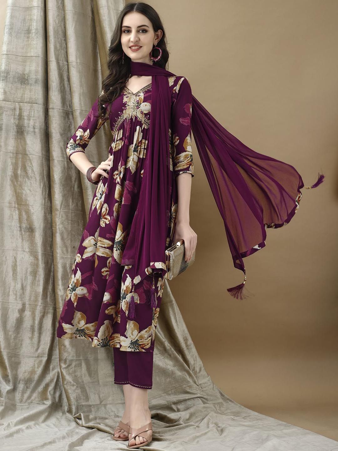 KALINI Women Floral Embroidered Pleated Sequinned Kurta with Trousers & With Dupatta