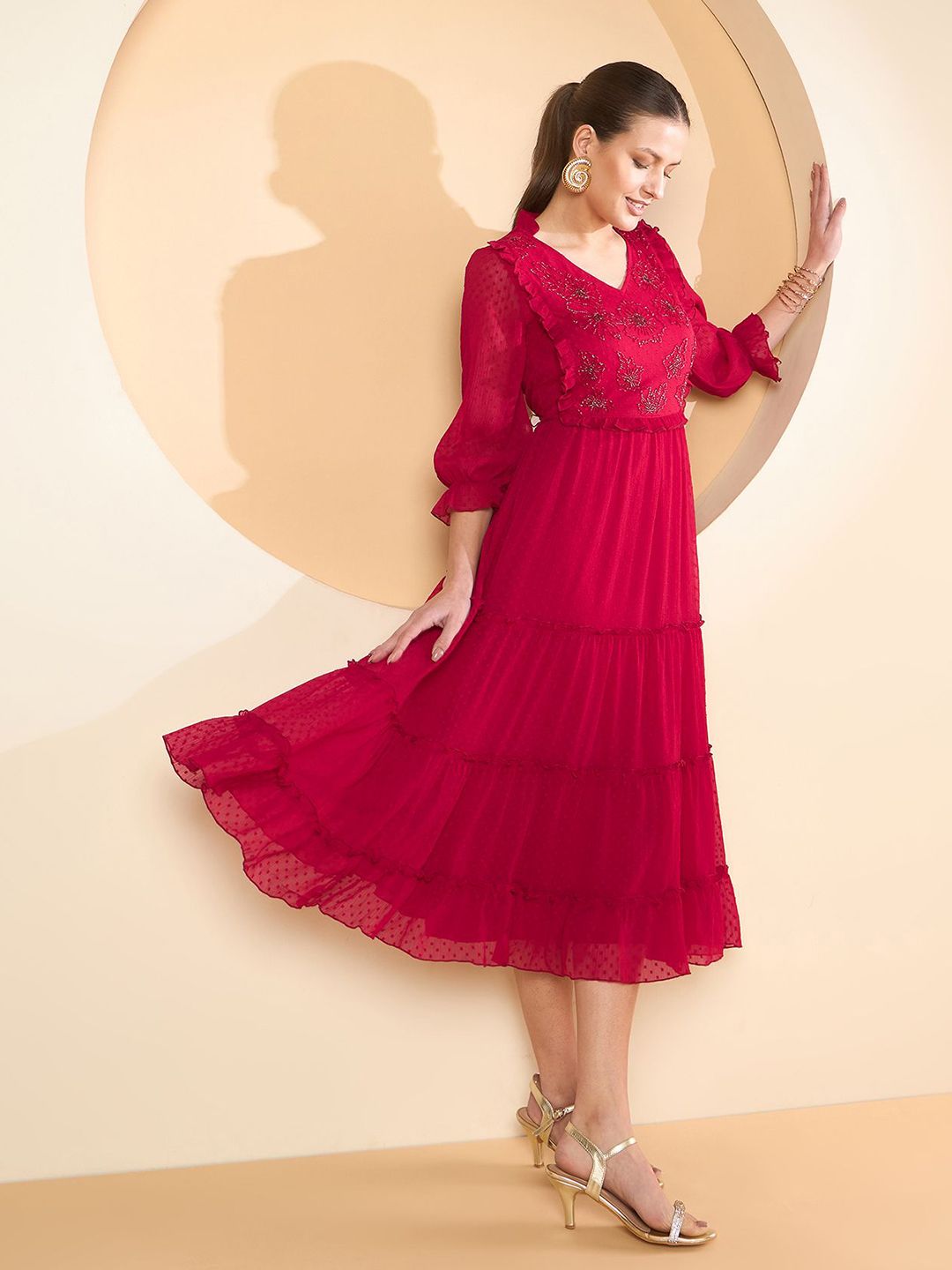 Antheaa Women Puff Sleeves Fit & Flare Midi Dress