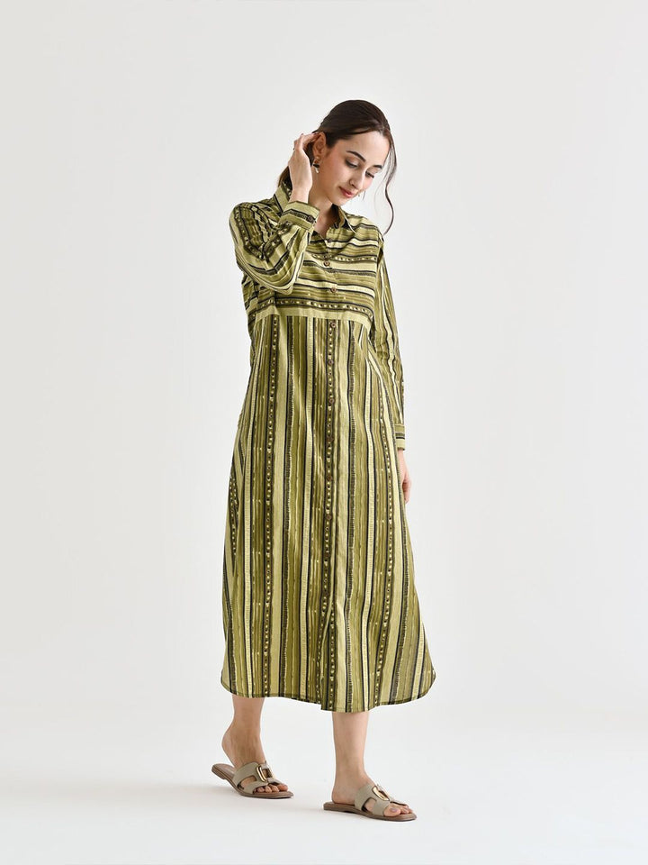 Rustorange  Women Striped Cotton Shirt Collar Shirt Midi Dress