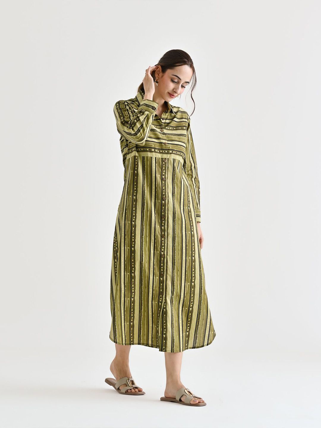 Rustorange  Women Striped Cotton Shirt Collar Shirt Midi Dress