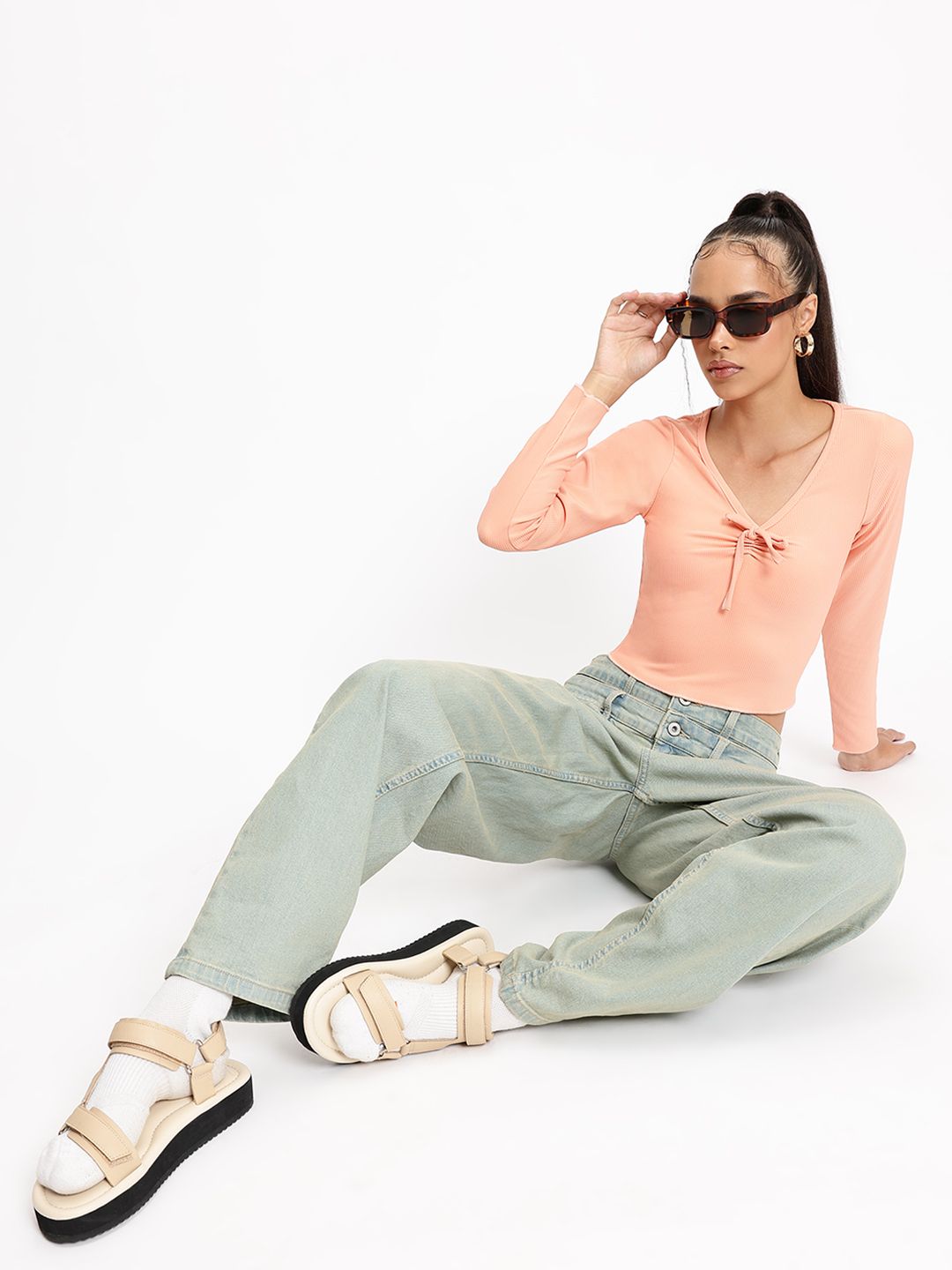 DressBerry Peach Fuzz Texture Twist Fitted Top