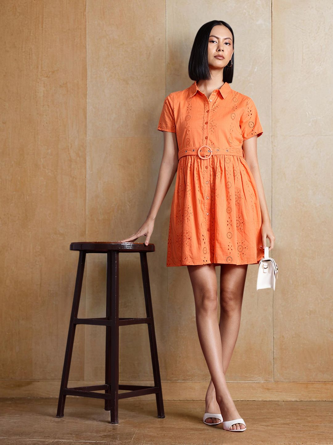 all about you Schiffli Pure Cotton A-Line Dress with Belt